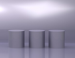 3 cylinder pedestal podium display, Empty room background.purple metallic. Abstract modern rendering 3d shape for products display presentation.  minimal wall scene, Studio room.