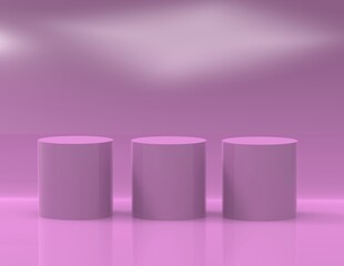 3 cylinder pedestal podium display, Empty room background.purple metallic. Abstract modern rendering 3d shape for products display presentation.  minimal wall scene, Studio room.
