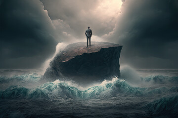 Businessman standing on rock in the middle of the ocean. Risk and safety concept.