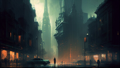 Illustration of Cyberpunk City created with Generative AI Technology
