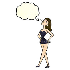 cartoon woman in party dress with thought bubble