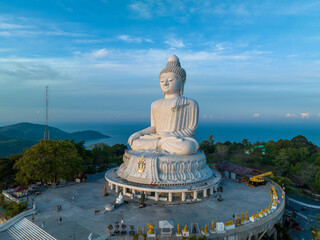Obraz premium aerial photography scenery blue sky and blue ocean behind Phuket white big Buddha. Phuket white big Buddha is the .famous landmark in Phuket..Aerial panoramic view landscape Phuket big Buddha.
