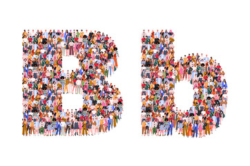 Large group of people in letter B form. People standing  together. A crowd of male and female characters. Flat vector illustration isolated on white background.