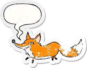 cute cartoon sly fox and speech bubble distressed sticker