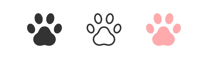 Cat paw icon on light background. Pet symbol. Zoo, pink trace, pet store. Outline, flat and colored style. Flat design. Vector illustration.