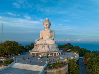 Obraz premium aerial photography scenery blue sky and blue ocean behind Phuket white big Buddha. Phuket white big Buddha is the .famous landmark in Phuket..Aerial panoramic view landscape Phuket big Buddha.