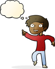 cartoon happy boy pointing with thought bubble