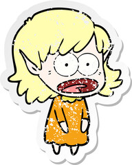 distressed sticker of a cartoon shocked elf girl