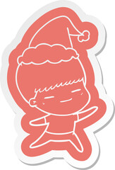cartoon  sticker of a smug boy wearing santa hat