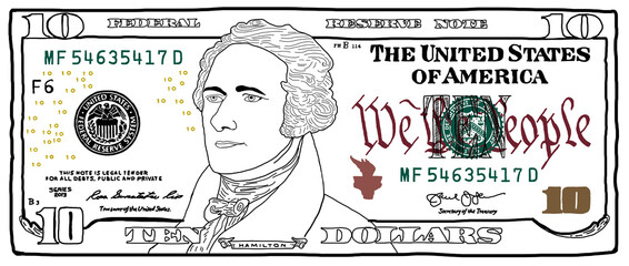 Cartoon hand drawn colorized 10 dollar banknote