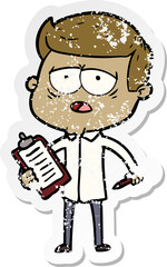 distressed sticker of a cartoon tired man