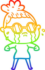 rainbow gradient line drawing cartoon crying woman wearing spectacles