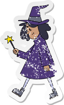 distressed sticker of a quirky hand drawn cartoon witch