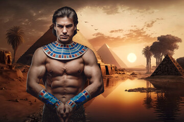 Artwork of man with naked torso in ancient egypt with pyramids.