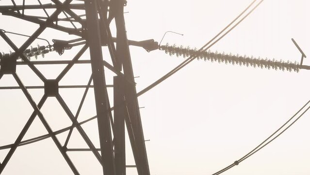 Close Up View of Industrial High Voltage Lattice Power Line Tower