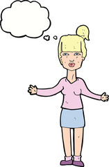 cartoon woman shrugging shoulders with thought bubble