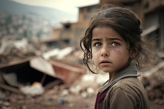 a sad girl standing in front of collapse buildings area, natural disaster or war victim, sorrow scenery idea for support children's right , especially Turkey and Syria earthquake, Generative Ai