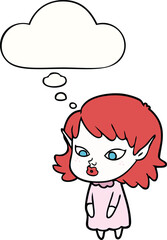 cartoon elf girl with pointy ears and thought bubble