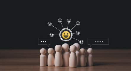 Customer service And satisfaction survey results give a 5-star rating and a smiley face. Customer feedback is very good.Wooden doll with icons showing emotions and scores.