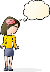 cartoon clever woman shrugging shoulders with thought bubble