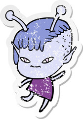 distressed sticker of a cute cartoon alien girl
