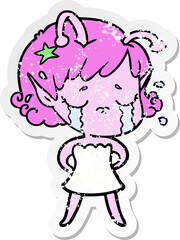 Fototapeta premium distressed sticker of a cartoon crying alien girl