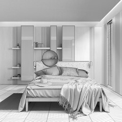 Blueprint unfinished project draft, minimalist wooden bedroom close up. Master bed with blankets, parquet and window with venetian blinds. Japandi interior design