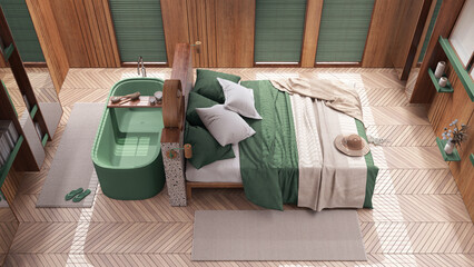 Contemporary wooden bedroom with bathtub in green and beige tones. Double bed, freestanding bathtub...