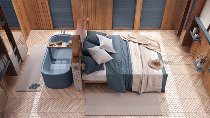 Obraz na płótnie Canvas Contemporary wooden bedroom with bathtub in blue and beige tones. Double bed, freestanding bathtub and parquet floor. Top view, above. Japandi interior design