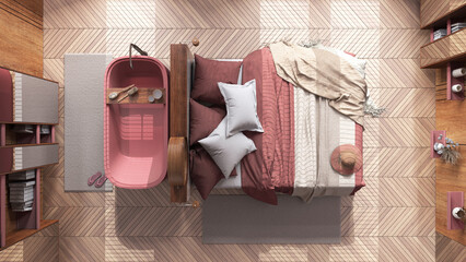 Japandi wooden bedroom with freestanding bathtub in red and beige tones. Bed with blankets and herringbone parquet. Top view, plan, above. Modern interior design