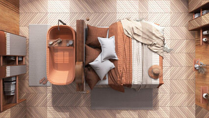 Japandi wooden bedroom with freestanding bathtub in orange and beige tones. Bed with blankets and herringbone parquet. Top view, plan, above. Modern interior design