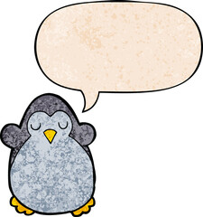 cartoon penguin and speech bubble in retro texture style