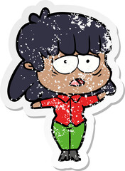 distressed sticker of a cartoon tired woman
