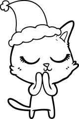 calm line drawing of a cat wearing santa hat