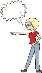 cartoon hip woman pointing with speech bubble