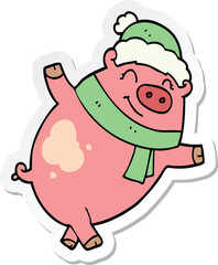 sticker of a cartoon pig wearing christmas hat