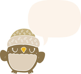 cute cartoon owl in hat and speech bubble in retro style