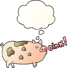 cartoon oinking pig and thought bubble in smooth gradient style