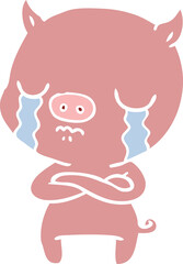flat color style cartoon pig crying