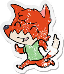distressed sticker of a happy cartoon fox