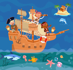 Wooden old ship with sails and cannons. Cute pirates and sea creatures. Chest of gold coins on island with palm trees. Vector illustration. Scene for puzzles, games, books. 