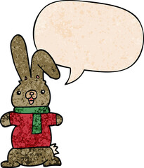 cartoon rabbit and speech bubble in retro texture style