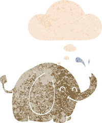 cartoon elephant and thought bubble in retro textured style