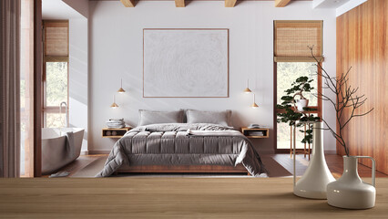 Wooden table top or shelf with minimalistic modern vases over japandi bedroom with double bed and bathtub, wooden architecture interior design
