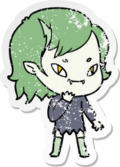 distressed sticker of a cartoon friendly vampire girl considering