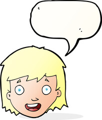 cartoon happy female face with speech bubble