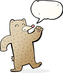 cartoon waving bear with speech bubble