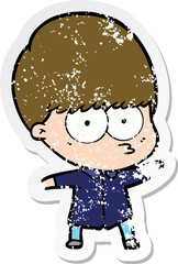 distressed sticker of a curious cartoon boy
