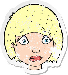 retro distressed sticker of a cartoon worried female face