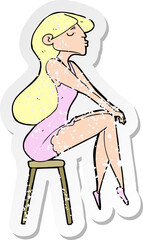 retro distressed sticker of a cartoon woman sitting on stool